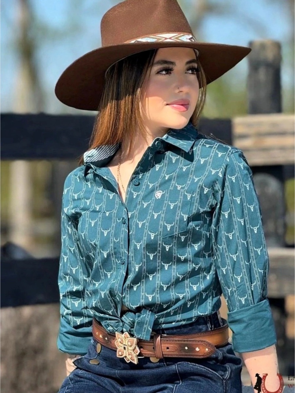 Ariat Women’s Steerhead Print Long Sleeve Western Shirt Blue Size Small